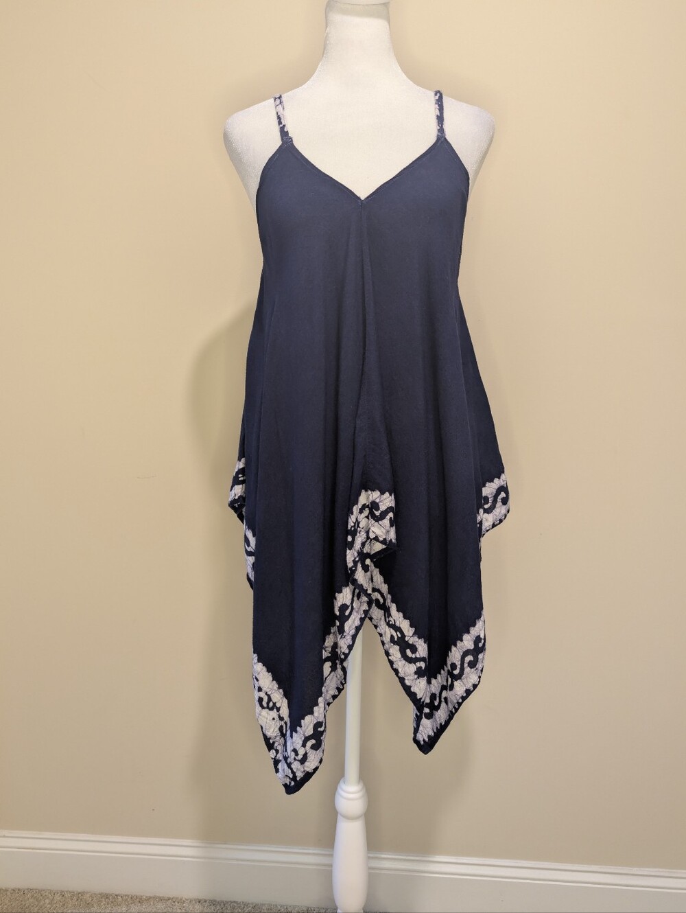 Unique Spectrum Navy Blue Handkerchief-Hem Tunic Cami with Shibori Border